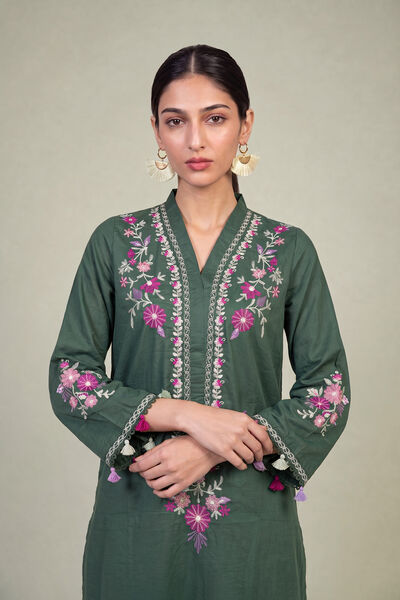 Embroidered | Cambric | Long Green Kurta | AED 200.00