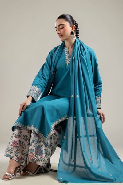 Embroidered |Cotton Dobby | Teal Cotton Kurta | AED 150.00