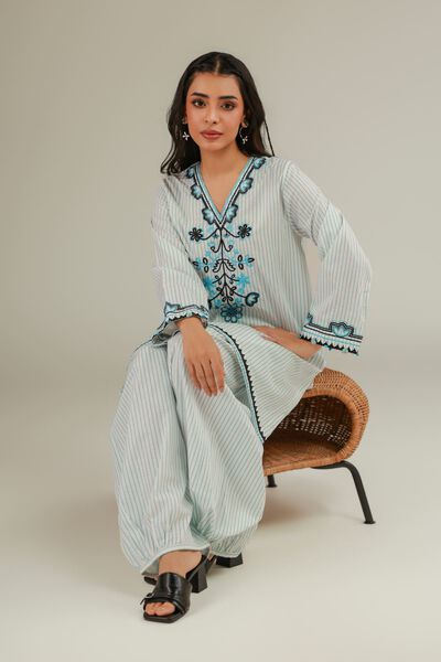 Embroidered | Cotton Dobby | Floral V-Neck Kurta | AED 150.00