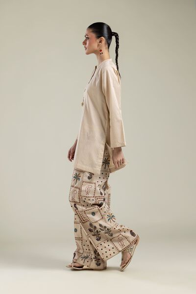 Embroidered |Cotton Dobby | Beige Cotton Pants | AED 180.00