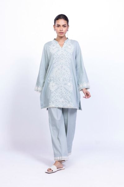 Embroidered | Cotton Dobby | Floral V-Neck Kurta | AED 140.00