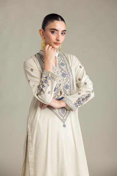 Embroidered | Raw Silk | Off-White Silk Kurta | AED 230.00