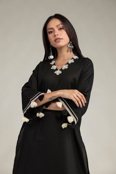Embroidered | Cotton Dobby | Black Cotton Kurta | AED 130.00