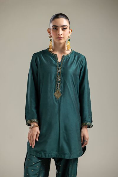 Raw Silk | Green V-Neck Kurta | AED 90.00