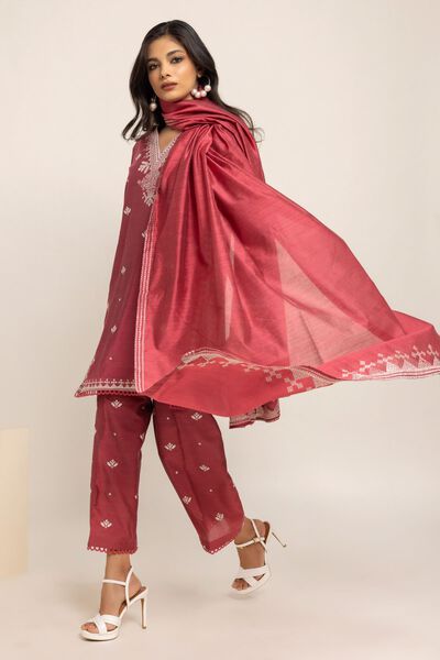 Dupatta | Embroidered, RED, hi-res