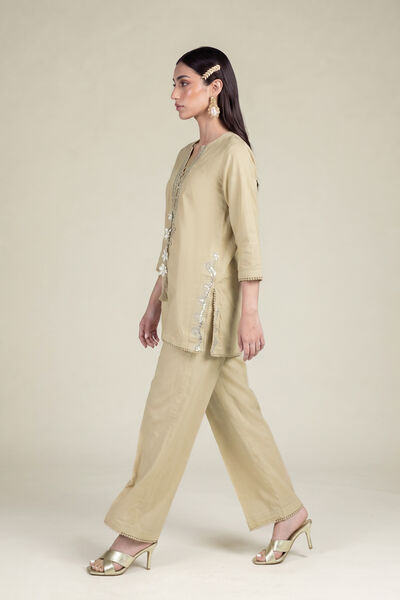 Embroidered | Cambric | Beige Solid Pants | AED 130.00