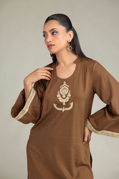 Dyed | Raw Silk | Solid Brown Kurta | AED 150.00