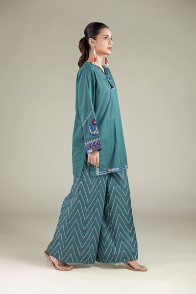 Embroidered | Cambric | Teal Pants | AED 80.00