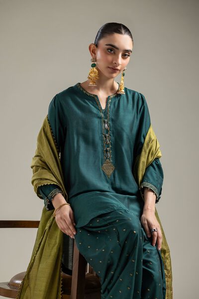 Raw Silk | Green V-Neck Kurta | AED 90.00