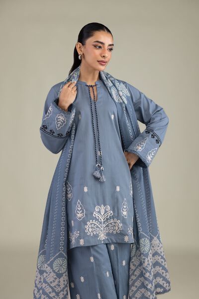 Textured Cotton | Embroidered | Blue Cotton Kurta | AED 180.00