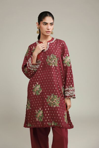 Embroidered | Jacquard | Maroon Tailored Suit | AED 280.00