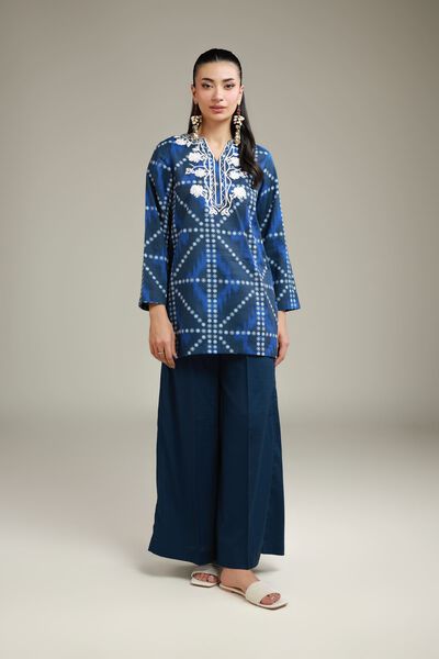 Embroidered | Cotton Dobby | Wide Navy Pants | AED 80.00
