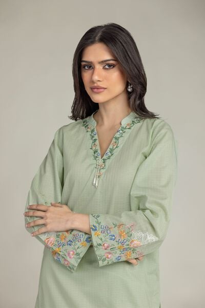 Embroidered | Cotton Dobby | Floral Mint Kurta | AED 130.00