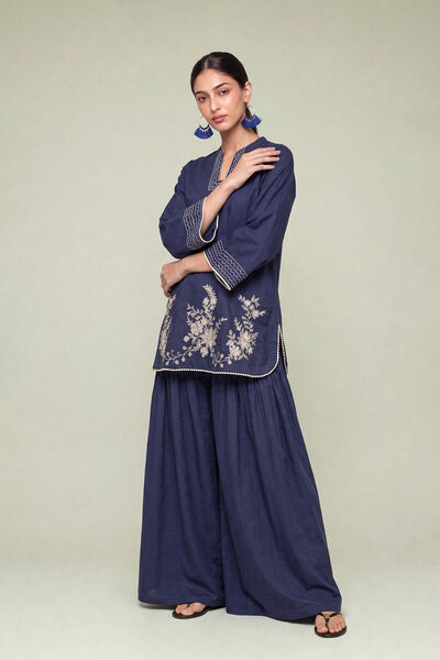Embroidered | Cambric | Navy Solid Pants | AED 130.00