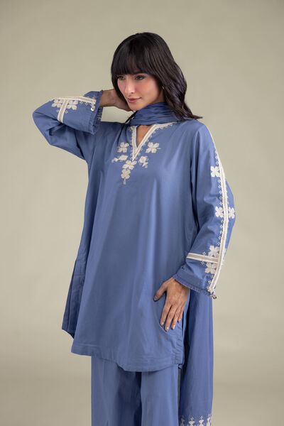 Embroidered | Cambric | Blue Threadwork Kurta | AED 180.00