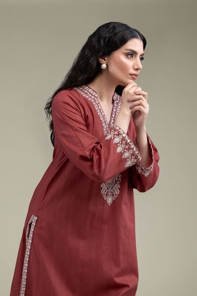 Embroidered | Cotton Dobby | Longline V-Neck Kurta | AED 200.00