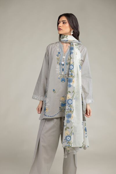 Embroidered | Cotton Net | Gray Floral Dupatta | AED 80.00