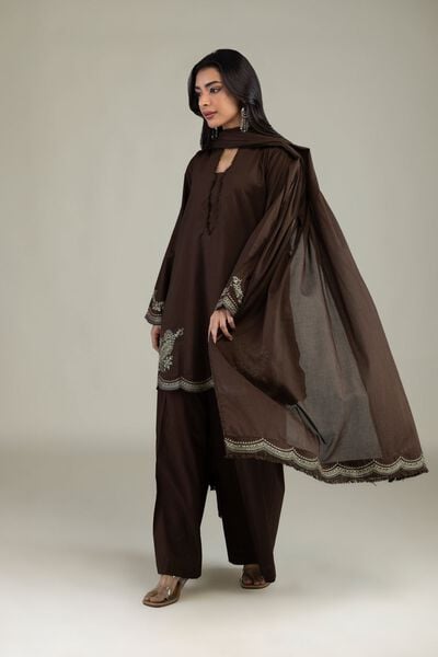 Embroidered | Cambric | Brown Cambric Pants | AED 130.00