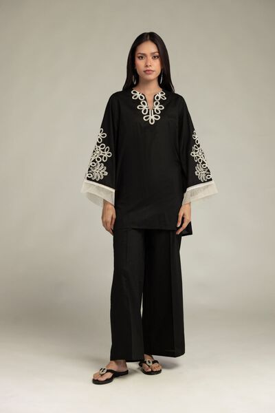 Embroidered | Cotton Dobby | Black Cotton Pants | AED 80.00