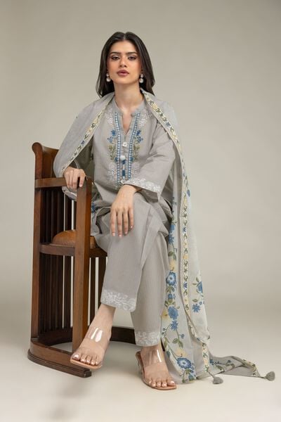 Embroidered | Cotton Dobby | Gray Cotton Kurta | AED 180.00