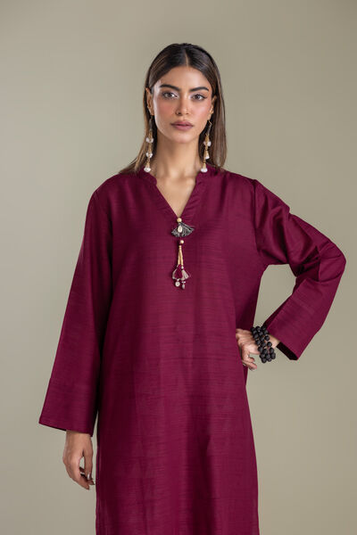 Printed | Light Khaddar | Solid V-Neck Kurta | AED 150.00