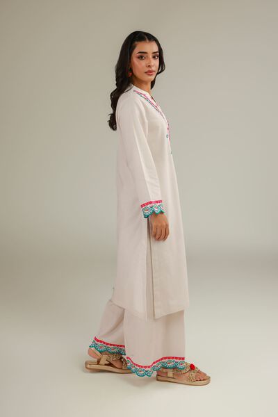Embroidered | Cotton Dobby | White Embroidered Pants | AED 100.00