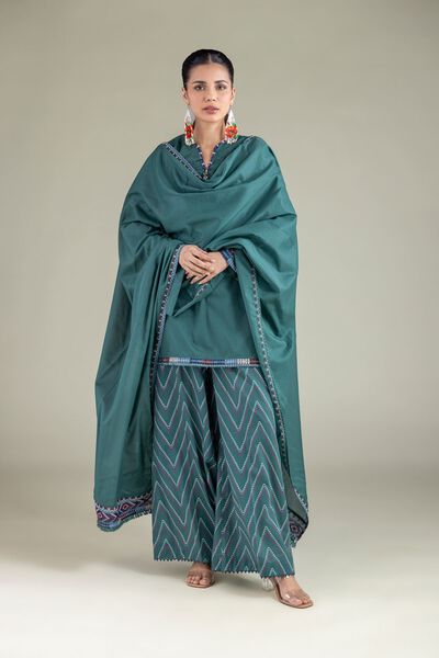 Embroidered | Cambric | Teal Pants | AED 80.00