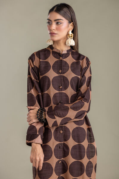 Printed | Light Khaddar | Brown Longline Kurta | AED 150.00