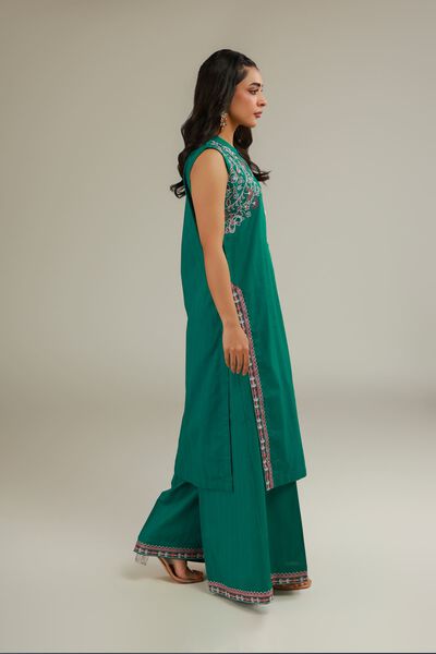 Embroidered | Cotton Dobby | Green Cotton Pants | AED 130.00