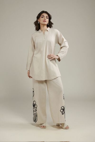 Embroidered | Heavy Textured Cotton | Floral Relaxed Pants | AED 80.00