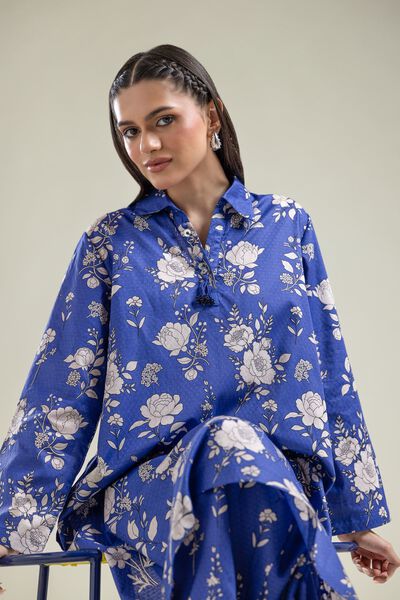 Printed | Cotton Dobby | Floral Blue Kurta | AED 130.00
