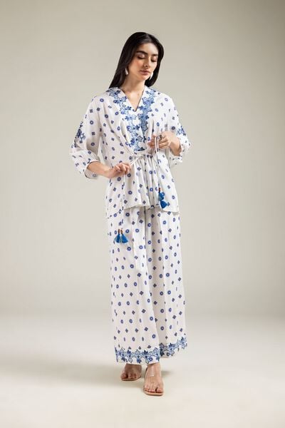 Embroidered | Viscose Crepe | Geometric White Trousers | AED 50.00