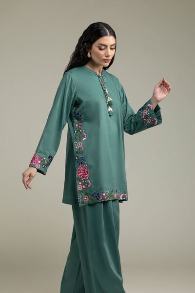 Embroidered | Cambric | Teal Floral Kurta | AED 150.00