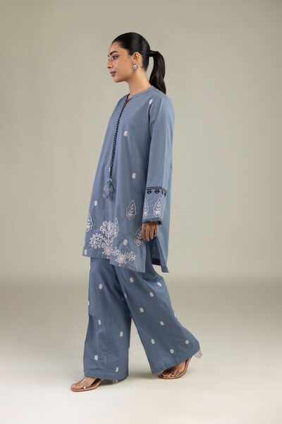 Textured Cotton | Embroidered | Blue Embroidered Pants | AED 150.00