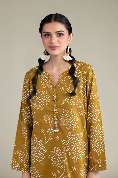 Printed | Cambric | Floral Mustard Kurta | AED 180.00