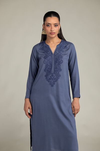 Dyed | Raw Silk | Longline V-Neck Kurta | AED 150.00