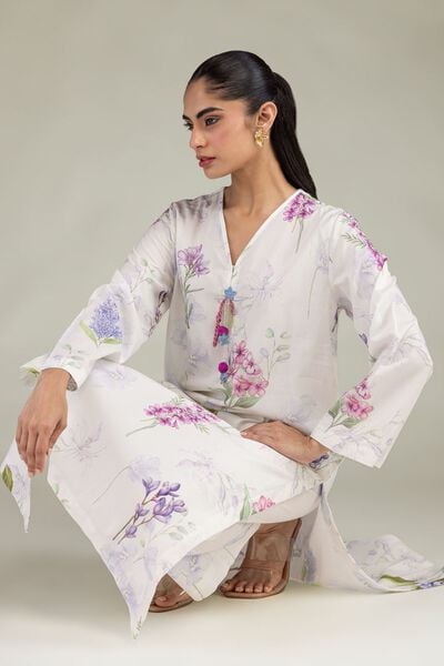 Printed | Cotton Viscose | White V-Neck Kurta | AED 130.00