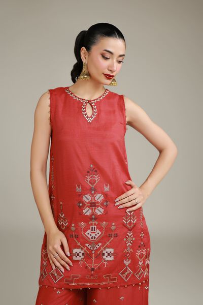 Embroidered | Raw Silk | Printed Rust Kurta | AED 125.00