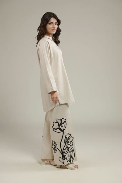 Embroidered | Heavy Textured Cotton | Floral Relaxed Pants | AED 80.00