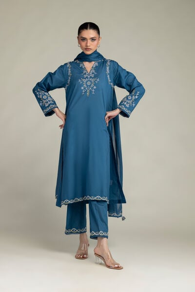 Embroidered | Cambric | Teal Cambric Pants | AED 130.00