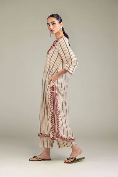 Embroidered | Cambric | Beige Cambric Pants | AED 80.00