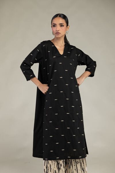 Textured Cotton | Embroidered | Black V-Neck Kurta | AED 180.00