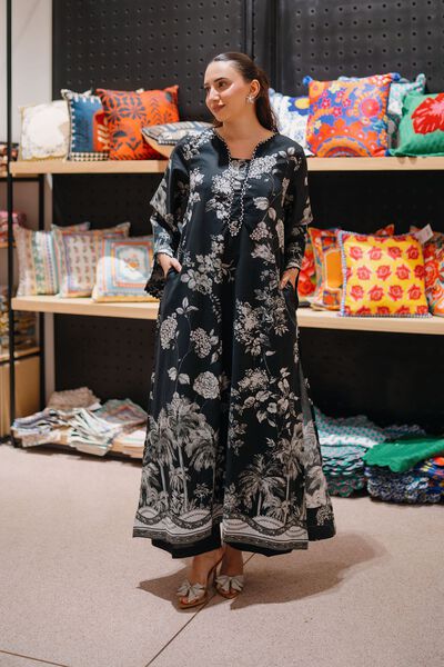 Printed | Cambric | Long Black Kurta | AED 200.00