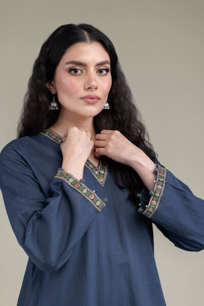 Embroidered | Cotton Dobby | Navy V-Neck Kurta | AED 130.00