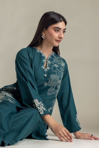 Embroidered | Cambric | Short Teal Kurta | AED 180.00