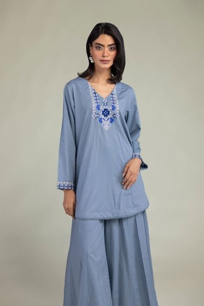 Embroidered | Cotton Dobby | Blue V-Neck Kurta | AED 150.00