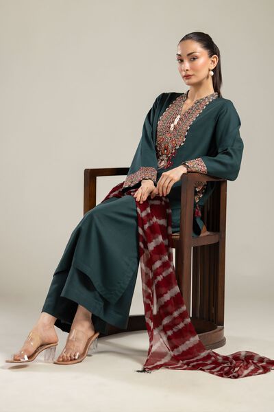 Embroidered | Raw Silk | Green Longline Kurta | AED 60.00