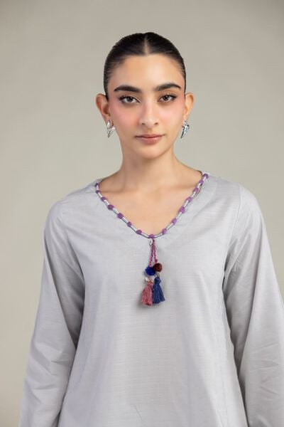 Embroidered | Textured Cotton Viscose | Gray Cotton Kurta | AED 150.00
