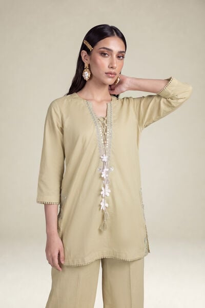 Embroidered | Cambric | Beige Cambric Kurta | AED 180.00