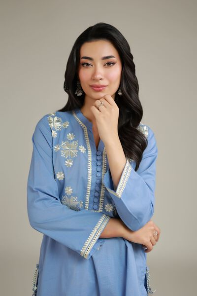 Embroidered | Cambric | Floral Blue Kurta | AED 180.00
